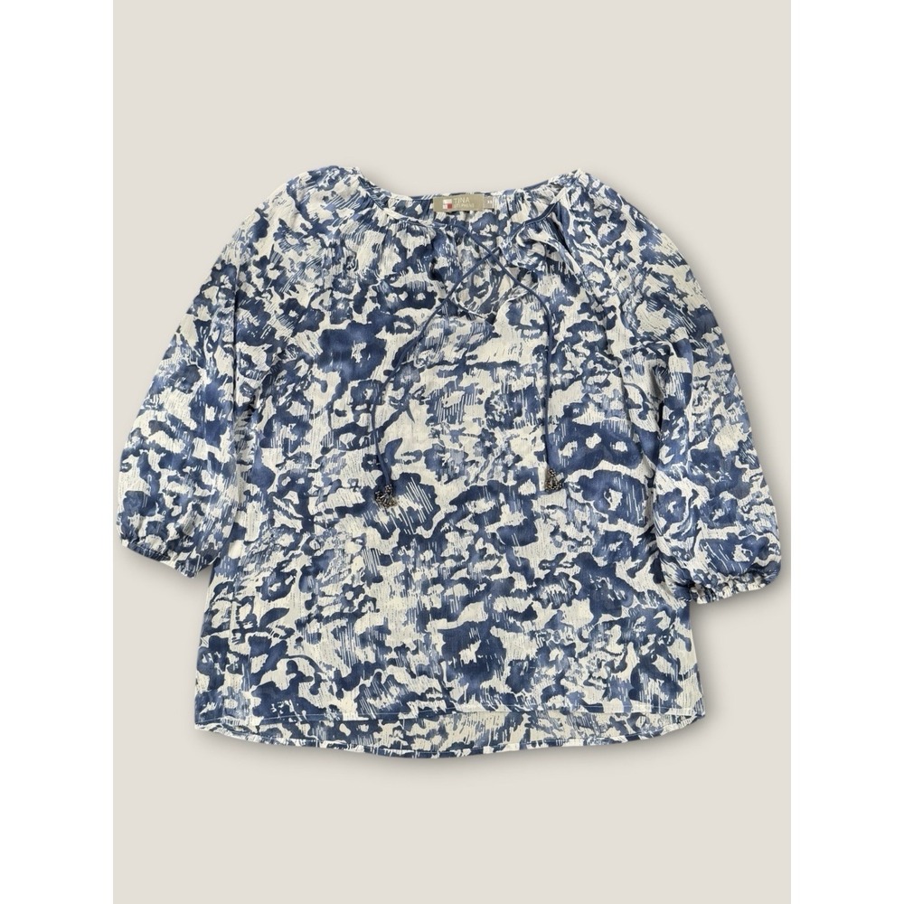 Tina‎ Stephens Blouse XS Blue White Abstract Peasant Top Beaded Tassel Chiffon
